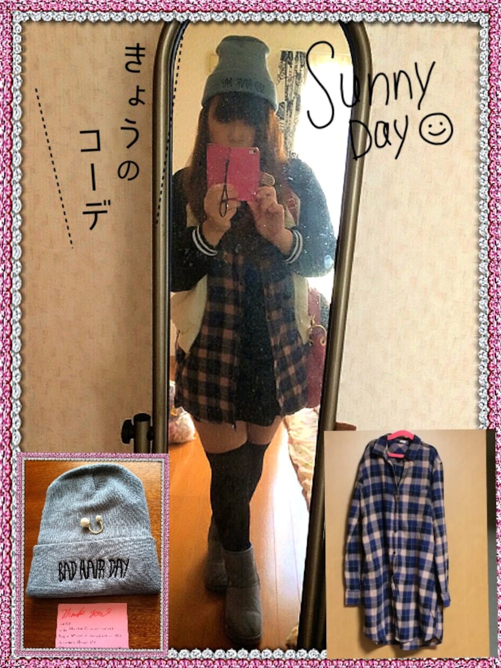 「ニット帽、ビーニー、グレー、BEALADY、チェックワンピース、GU、GRL、スタジャン、DOSCH、ブルー×ブラック」｜「bealadyのアイテム（ニットキャップ/ビーニー、グレー系）」を使った、ひかるんさん（レディース・166cm）の秋コーディネートの1枚目の写真