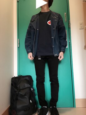 「学校」｜「アイテム（デニムジャケット）」を使った、はまひこさん（メンズ・165cm）の春コーディネート