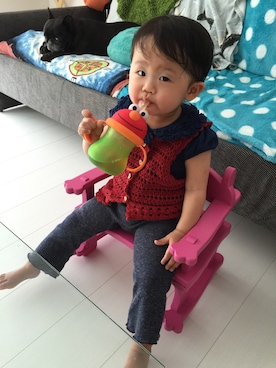 「アイテム（ベスト、レッド系）」を使った、うりんこ。さん（キッズ・80cm）の夏コーディネート