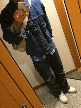 「フレア」｜「アイテム（デニムジャケット）」を使った、やっすーさん（メンズ・169cm）の春コーディネート