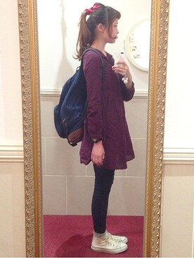 「earth music&ecology（アースミュージックアンドエコロジー）のアイテム（シャツワンピース、レッド系）」を使った、ぽんかなさん（レディース・164cm）の秋コーディネート