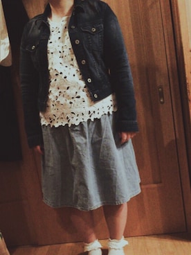 「？のアイテム（デニムスカート、ブルー系）」を使った、かりんさん（レディース・157cm）の夏コーディネート