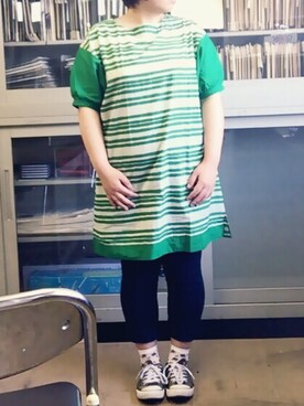 「studio CLIP（スタディオクリップ）のアイテム（トップス、グリーン系）」を使った、かりんさん（レディース・157cm）の夏コーディネート