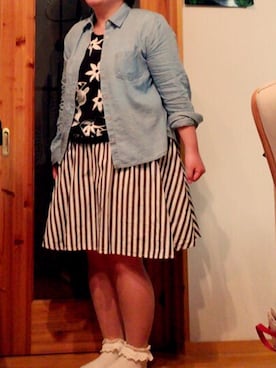 「？のアイテム（スカート、ホワイト系）」を使った、かりんさん（レディース・157cm）の夏コーディネート