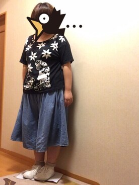 「UNIQLO（ユニクロ）のアイテム（Tシャツ/カットソー、ブラック系）」を使った、かりんさん（レディース・157cm）の夏コーディネート