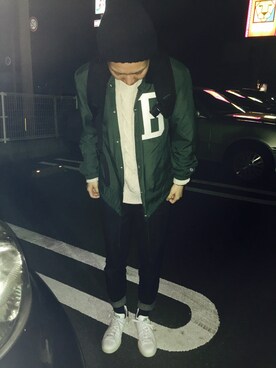 「アイテム（ナイロンジャケット、グリーン系）」を使った、か〜さん（レディース・163cm）の冬コーディネート