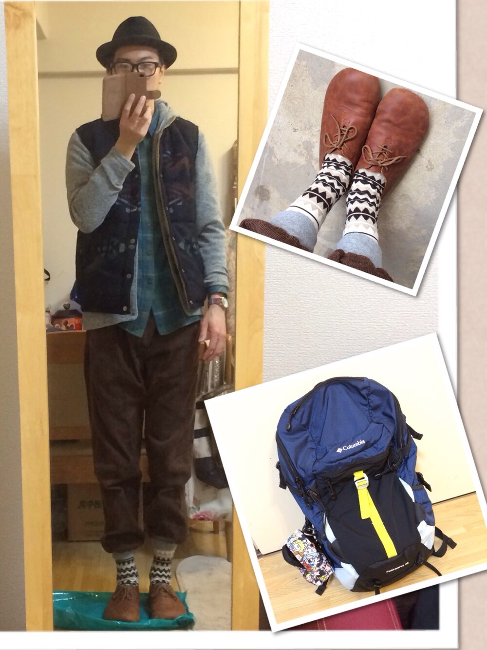 ブルー系のバックパック/リュック、ブラウン系のその他シューズを着用したメンズの春コーディネートの1枚目の写真