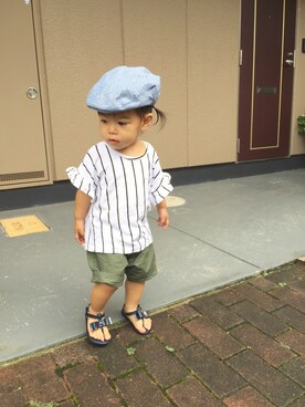 「ZARA KIDSのアイテム（ハンチング/ベレー帽）」を使った、ひぃさん（キッズ・80cm）の夏コーディネート
