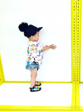 「韓国子供服のアイテム（Tシャツ/カットソー、ホワイト系）」を使った、yumaさん（キッズ・100cm）の夏コーディネート