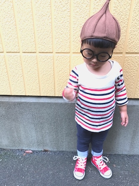 「韓国子供服のアイテム（ニットキャップ/ビーニー、ブラウン系）」を使った、yumaさん（キッズ・100cm）の秋コーディネート