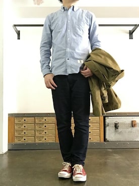 「アイテム（ステンカラーコート）」を使った、JIMAさん（メンズ・170cm・30代）の春コーディネート