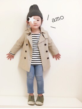 「西松屋」｜「アイテム（トレンチコート）」を使った、amo.dollさん（キッズ・100cm）の冬コーディネート