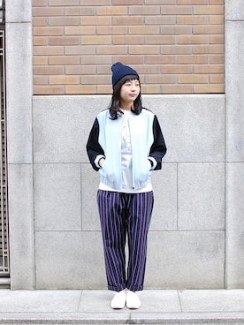 「大阪」｜「アイテム（ノーカラージャケット）」を使った、おもちさん（レディース・156cm）の冬コーディネート