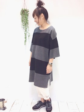 「ボーダーニット」｜「アイテム（スニーカー）」を使った、pualcecin_kagoshimaさん（レディース・152cm）の夏コーディネート