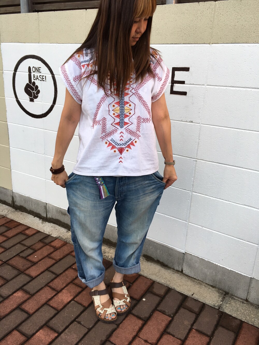 「メキシカン、刺繍ブラウス、古着」｜「usedのアイテム（シャツ/ブラウス、ホワイト系）」を使った、KIICHI Mさん（レディース・160cm）の夏コーディネートの1枚目の写真
