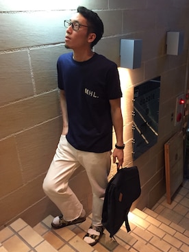 「UP START（アップスタート）のアイテム（バッグ）」を使った、TOMOYAさん（メンズ・175cm）の夏コーディネート