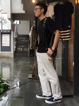 「UP START（アップスタート）のアイテム（バッグ）」を使った、TOMOYAさん（メンズ・175cm）の夏コーディネート