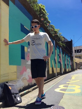 「UP START（アップスタート）のアイテム（バッグ）」を使った、TOMOYAさん（メンズ・175cm）の夏コーディネート