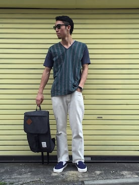 「UP START（アップスタート）のアイテム（バッグ）」を使った、TOMOYAさん（メンズ・175cm）の夏コーディネート