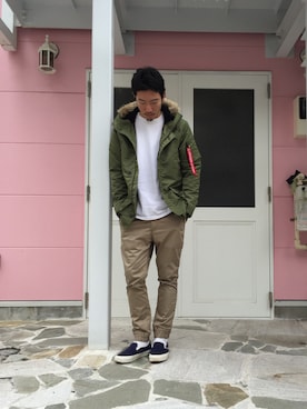 「UP START（アップスタート）のアイテム（ミリタリージャケット）」を使った、TOMOYAさん（メンズ・175cm）の秋コーディネート