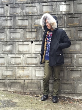 「UP START（アップスタート）のアイテム（パンツ）」を使った、TOMOYAさん（メンズ・175cm）の冬コーディネート