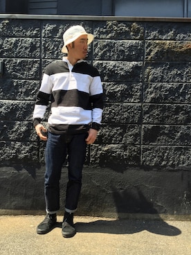 「UP START（アップスタート）のアイテム（帽子）」を使った、TOMOYAさん（メンズ・175cm）の春コーディネート