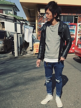 「スエット」｜「アイテム（ライダースジャケット）」を使った、KEIJIさん（メンズ・170cm）の冬コーディネート