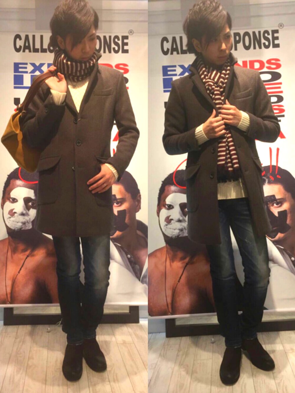 その他のその他アウター、その他のデニムパンツ、その他のブーツを着用したメンズの冬コーディネートの1枚目の写真