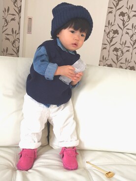 「FITH（フィス）のアイテム（ベスト）」を使った、yu+kenさん（キッズ・70cm）の秋コーディネート