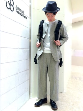 「Johnbull Private labo（ジョンブルプライベートラボ）のアイテム（ノーカラージャケット）」を使った、J2さん（メンズ・180cm）の冬コーディネート