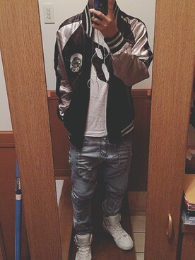 「no brand（ノーブランド）のアイテム（スタジャン、ブラック系）」を使った、Dr.Kさん（メンズ・168cm）の秋コーディネート