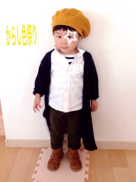「3coins（3coins）のアイテム（ハンチング/ベレー帽、イエロー系）」を使った、yunohanaさん（キッズ・100cm）の秋コーディネート