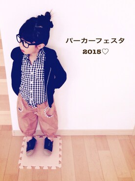 「GLOBAL WORK（グローバルワーク）のウラキモウパーカー（パーカー、ブルー系）」を使った、yunohanaさん（キッズ・100cm）の秋コーディネート