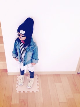 「koreaのアイテム（Tシャツ/カットソー、ホワイト系）」を使った、yunohanaさん（キッズ・100cm）の秋コーディネート