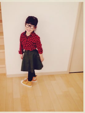 「GLOBAL WORK（グローバルワーク）の【キッズ】フランネルシャツ/566165（シャツ/ブラウス、レッド系）」を使った、yunohanaさん（キッズ・100cm）の秋コーディネート