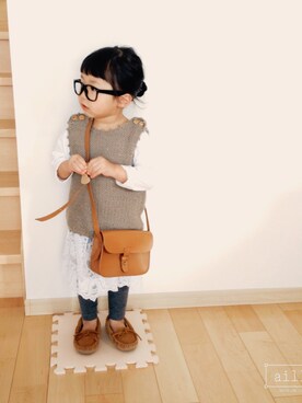 「Handmade（ハンドメイド）のアイテム（ベスト、グレー系）」を使った、yunohanaさん（キッズ・100cm）の冬コーディネート