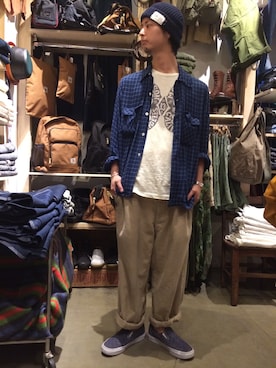 「レーヨンシャツ」｜「アイテム（ニットキャップ/ビーニー）」を使った、SUNSET立川さん（メンズ・173cm）の春コーディネート
