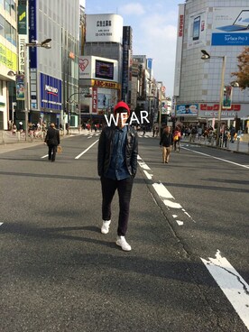 「MORGAN（モルガン）のアイテム（ライダースジャケット）」を使った、こたろうさん（メンズ・184cm）の秋コーディネート