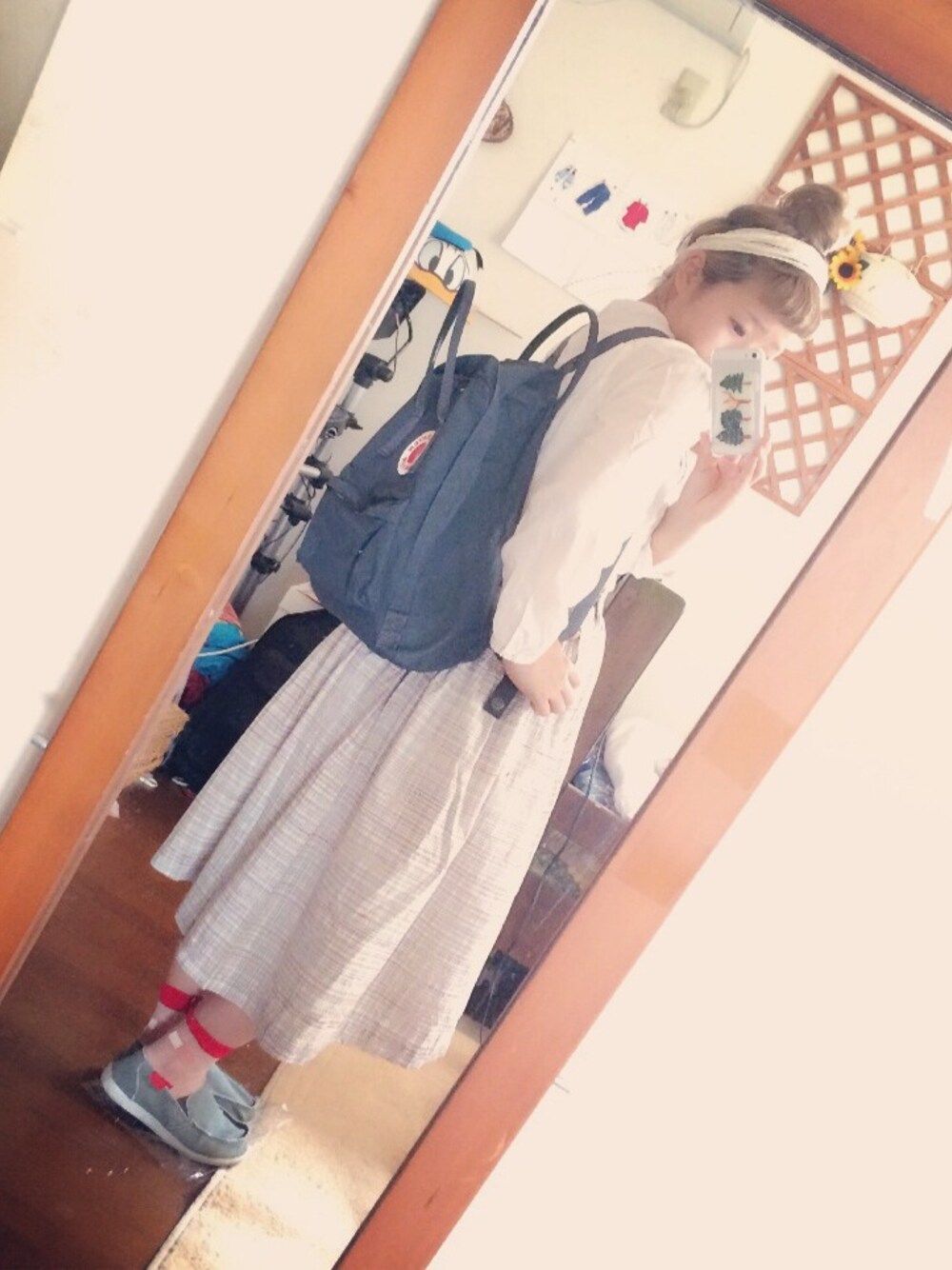 「I am I、skirt、didizizi、kanken」｜「usedのブラウス（シャツ/ブラウス、ホワイト系）」を使った、megさん（レディース・142cm）の夏コーディネートの1枚目の写真