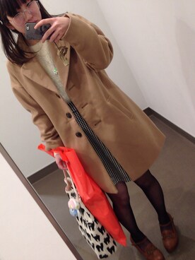 「earth music&ecology（アースミュージックアンドエコロジー）のアイテム（チェスターコート、ベージュ系）」を使った、†さやかさん（レディース・158cm）の冬コーディネート