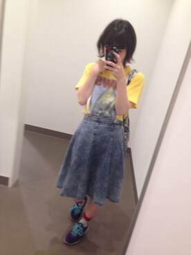 「UNIQLO（ユニクロ）のアイテム（Tシャツ/カットソー、イエロー系）」を使った、†さやかさん（レディース・158cm）の夏コーディネート
