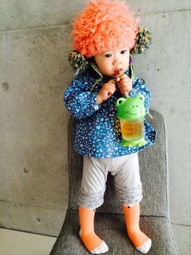 「アイテム（タイツ/ストッキング、オレンジ系）」を使った、ゆんすさん（キッズ・80cm）の春コーディネート