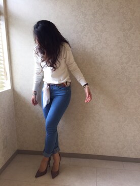 「GU（ジーユー）のアイテム（デニムパンツ、ブルー系）」を使った、KsMさん（レディース・153cm）の春コーディネート