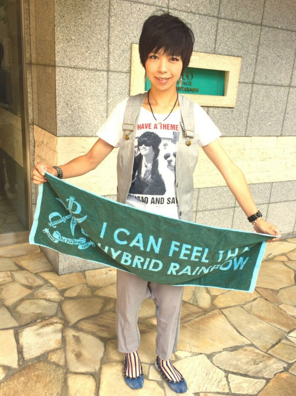 「バンドTシャツフェス、さわお、わさお、バンドグッズ、バンドタオル、ドラフトDIE」｜「the pillows バンドTシャツのアイテム（Tシャツ/カットソー、ホワイト系）」を使った、ゆごさん（レディース・159cm）の夏コーディネートの1枚目の写真