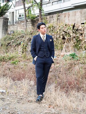 「アイテム（セットアップ、ブルー系）」を使った、SANGYO:Dさん（メンズ・175cm）の春コーディネート