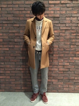 「ロゴニット」｜「アイテム（チェスターコート）」を使った、佐藤【RAGEBLUE】さん（メンズ・178cm）の冬コーディネート