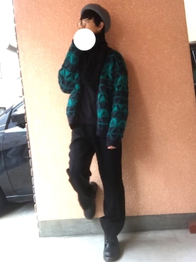 「緑」｜「アイテム（ハンチング/ベレー帽）」を使った、れいさん（メンズ・173cm）の冬コーディネート