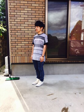 「DHOLIC（ディーホリック）のアイテム（Tシャツ/カットソー、ブラック系）」を使った、みとやんさん（メンズ・166cm）の夏コーディネート