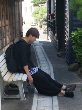 「Manhattan Portage（マンハッタンポーテージ）のアイテム（バックパック/リュック、ブラック系）」を使った、daitoさん（メンズ・180cm）の秋コーディネート