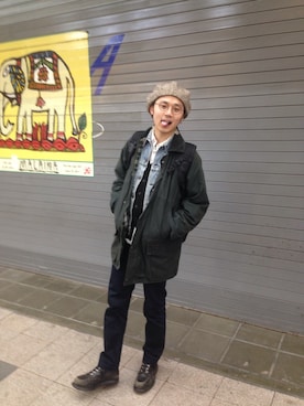 「オイルドジャケット」｜「アイテム（デニムジャケット）」を使った、サリーさん（メンズ・172cm）の冬コーディネート